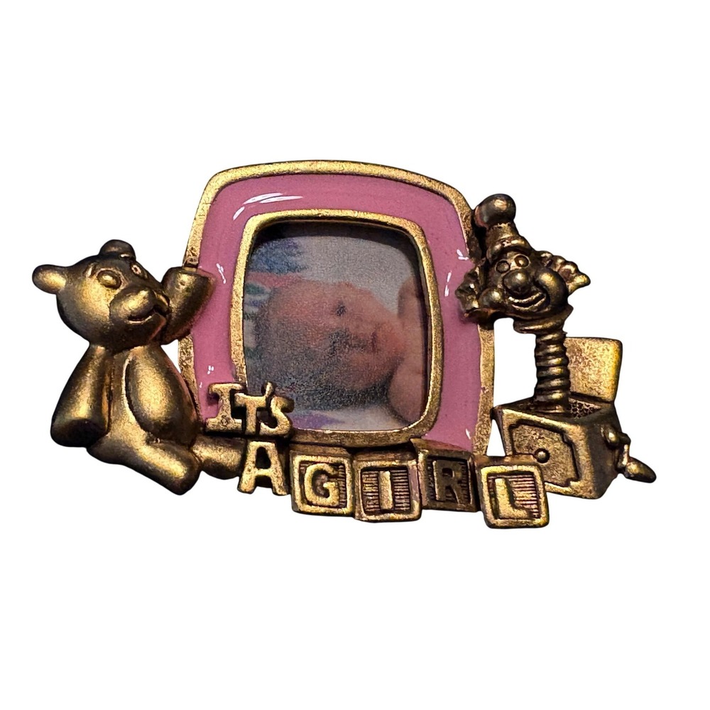 Vintage 2 1/4" Gold Tone Teddy Bear Baby Girl Photo Frame‎ Brooch Pin Baby Gift